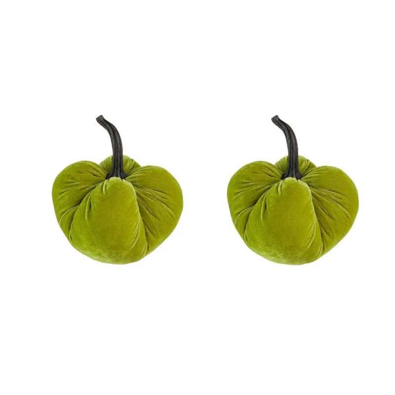 Set of 2 Velvet Weighted Pumpkin Ornaments with Resin Stem, for Holiday Harvest and Thanksgiving Decor, 8.5" L x 8.5" W x 10" H, Green