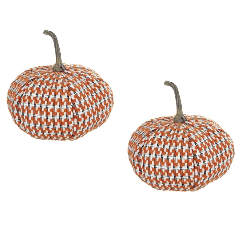 Set of 2 Fabric Pumpkin Ornaments Table Decorations, Fall Harvest and Thanksgiving Decor, 10&quot; L x 10&quot; W x 9.5&quot; H, Orange Multicolor