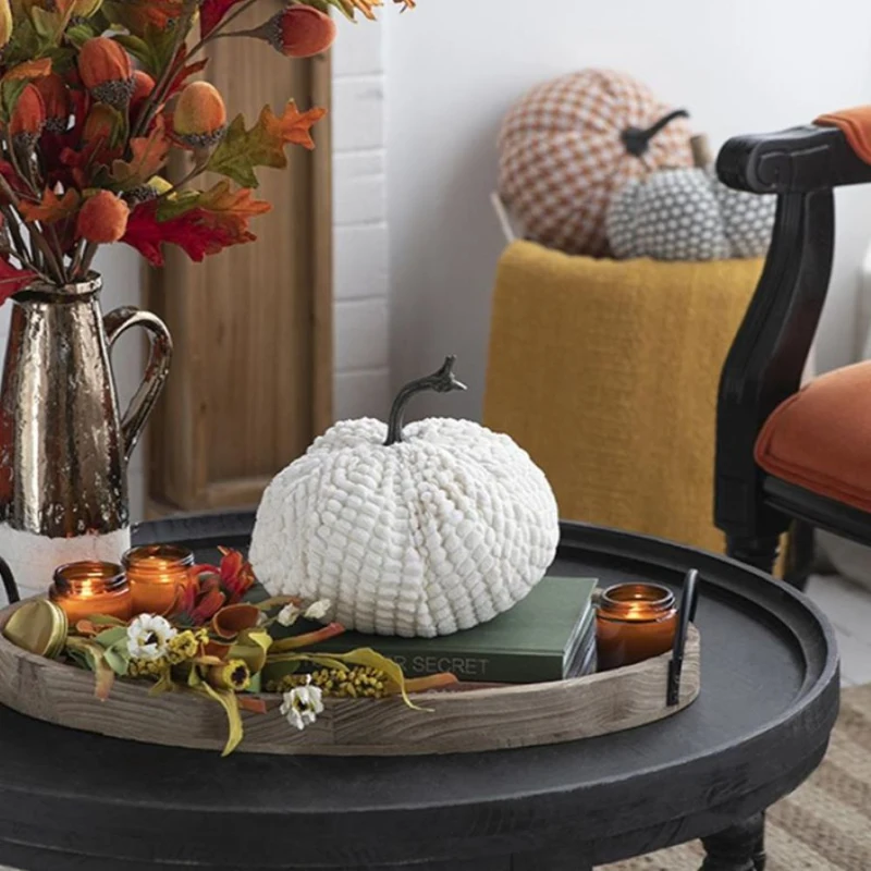 Set of 2 Chenille Weighted Pumpkin Ornaments, Holiday Harvest Festival Decor, 9" L x 8.5" W x 7" H, White