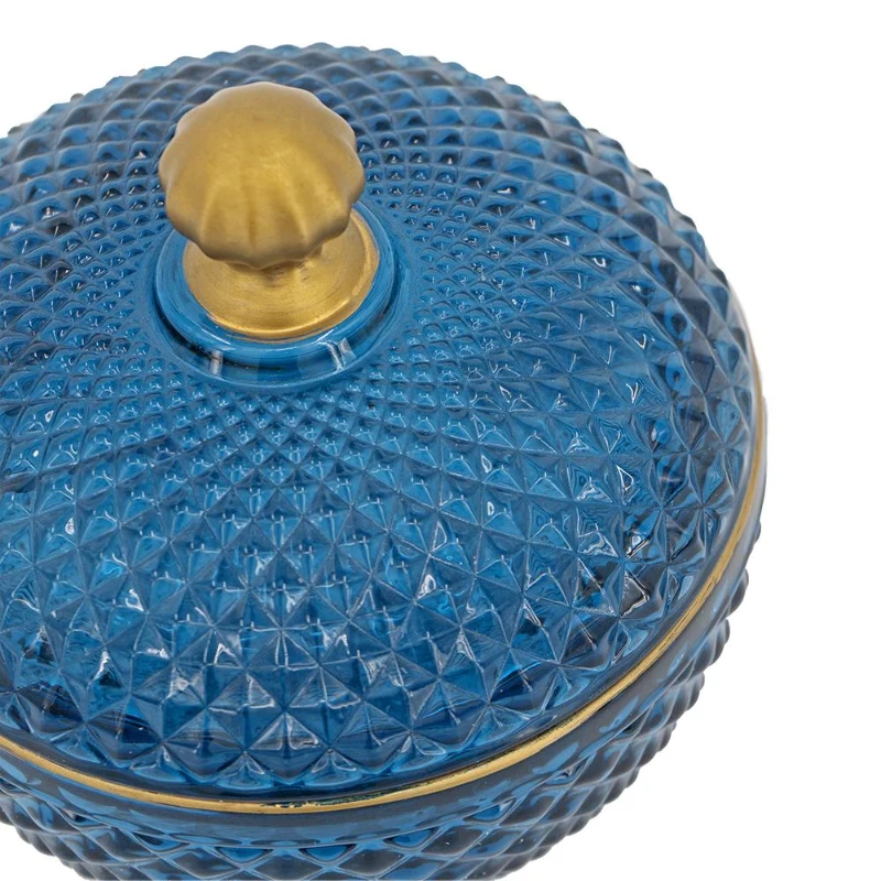 Set of 2 Vintage-Inspired Glass Candy Jars with Lids, Diamond-Cut Texture, Ideal for Candy, Jewelry, and Trinkets, 5" L x 5" W x 5" H, Blue+Gold