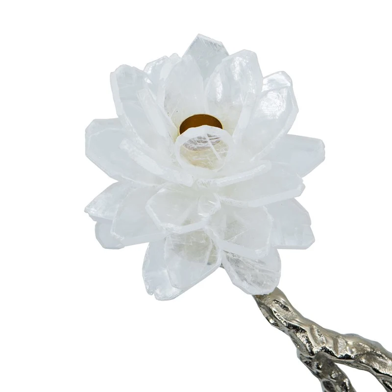 Aluminum Candle Holder with Marble Stand, Nature-Inspired Bird Figurine on Silver Branch, 8" L x 5" W x 15" H, Multicolor