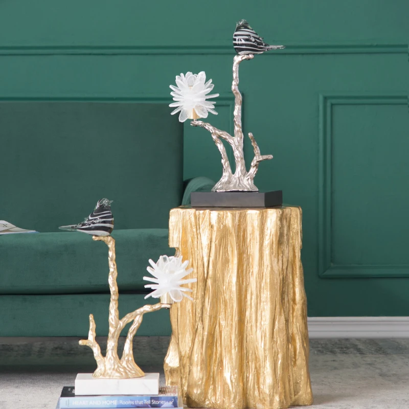 Aluminum Candle Holder with Marble Stand, Nature-Inspired Bird Figurine on Silver Branch, 8" L x 5" W x 15" H, Multicolor