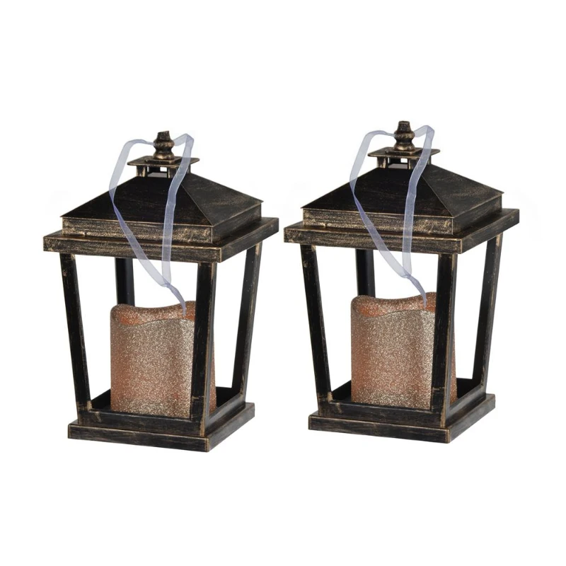 Set of 2 Menifee Lanterns with LED Candle, Glass-Paneled Hurricane Lamp, 5" L x 5" W x 8.5" H, Bronze