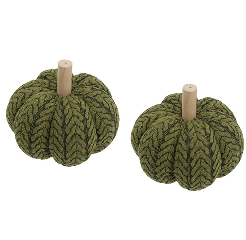 Set of 2 Fabric Pumpkin Ornaments, Holiday Decor for Fall Festival, Thanksgiving, 7" L x 7" W x 7" H, Green