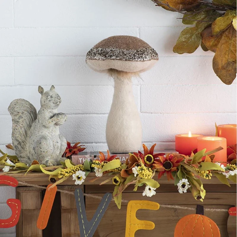 Set of 2 Mushroom Holiday Ornaments for Fall Festival and Thanksgiving, Farmhouse Design Table Decorations, 7" L x 7" W x 12" H, Beige+Light Brown