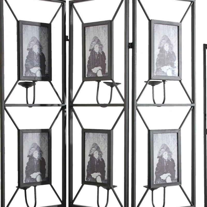 3-Panel Room Divider with Photo Frames, Antique Mirror, Candle Stick, Decorative Screen for Any Space, 47" L x 1" W x 71" H, Black