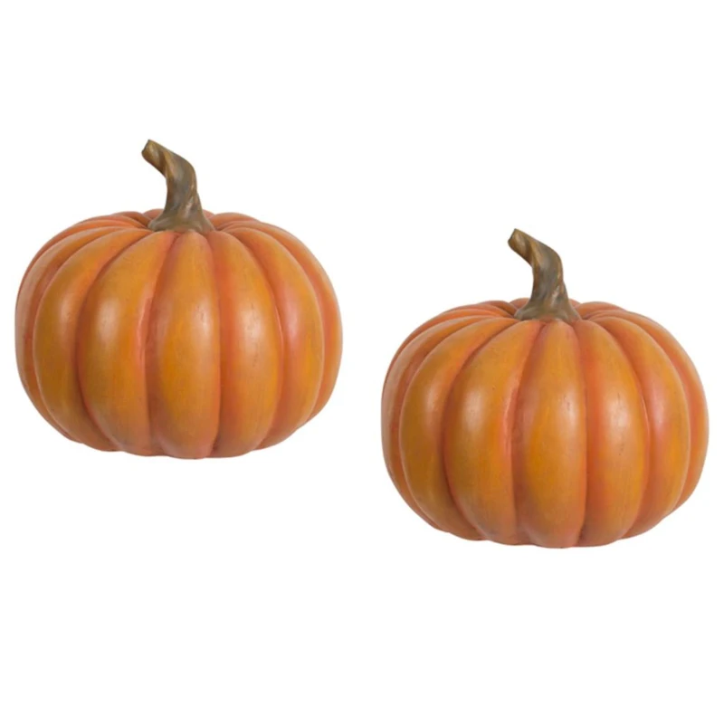 Set of 2 Resin Pumpkin Ornaments with Natural Stem, Perfect for Holiday Harvest, Thanksgiving Decor, 8" L x 8" W x 7.5" H, Orange