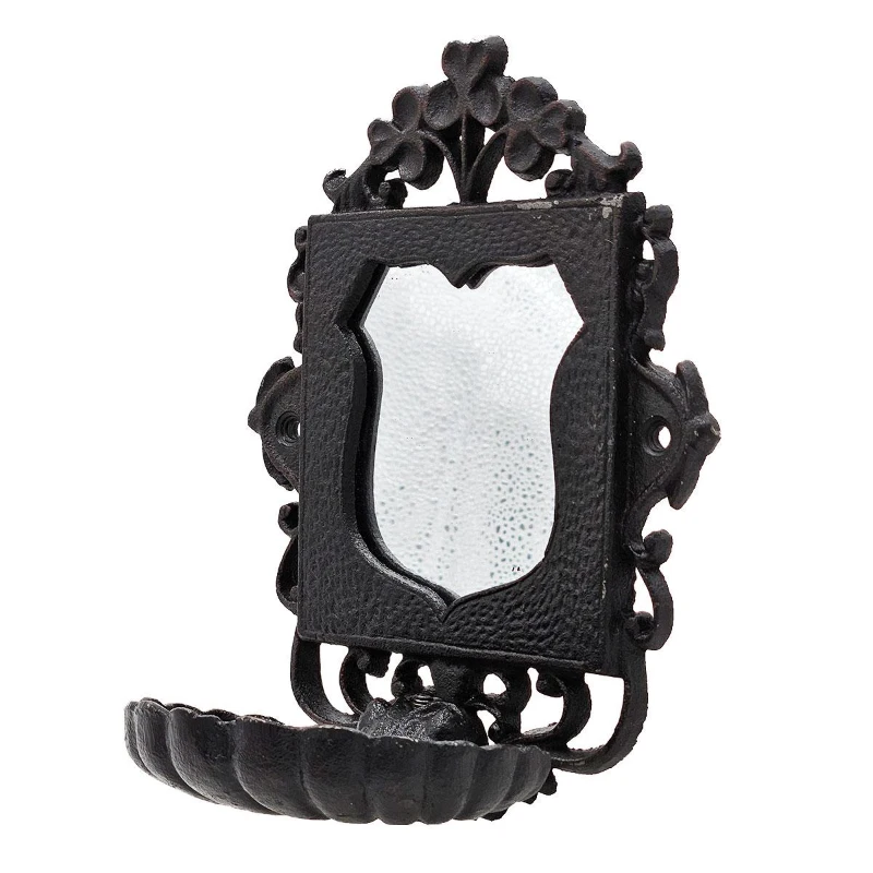 Victorian-Inspired Cast Iron Soap Dish with Mirror, Ornate Design, Calloped Edges, 6.5" L x 4" W x 8" H, Black