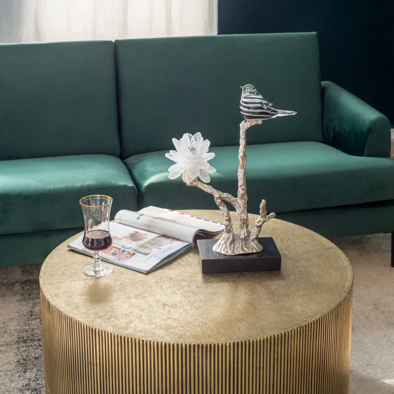 Aluminum Candle Holder with Marble Stand, Nature-Inspired Bird Figurine on Silver Branch, 8" L x 5" W x 15" H, Multicolor