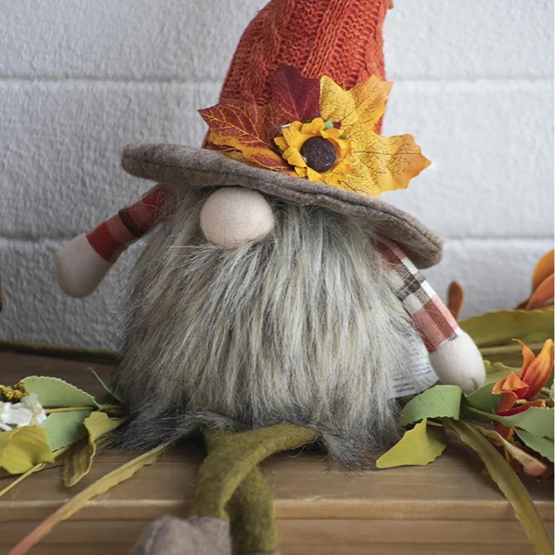 Set of 2 Fabric Sitting Gnomes with Maple Leaf Hat Table Decorations, Perfect Decor for Holiday Harvest and Thanksgiving, Orange Multicolor