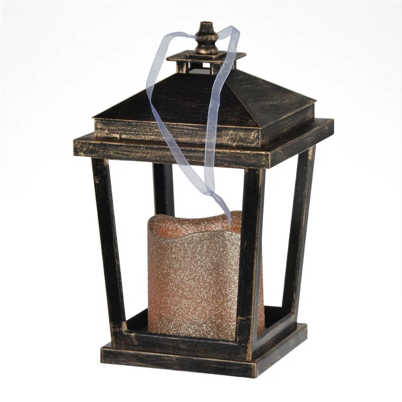 Set of 2 Menifee Lanterns with LED Candle, Glass-Paneled Hurricane Lamp, 5" L x 5" W x 8.5" H, Bronze