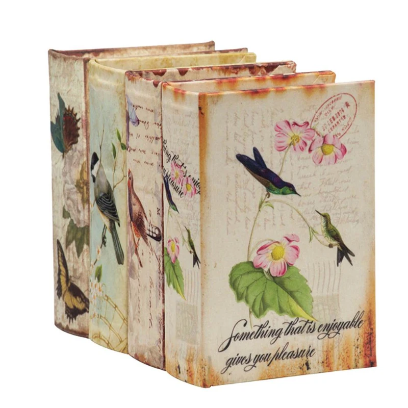 Set of 4 Decorative Book Boxes with Birds, Flowers, and Handwriting Design, 4" L x 2" W x 5.5" H, Multicolor