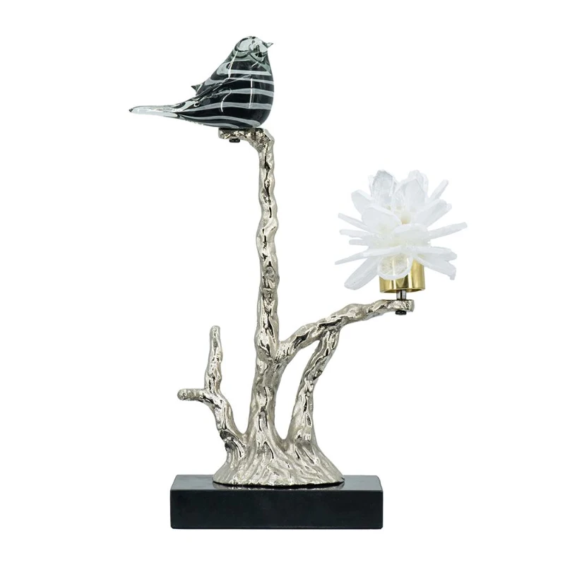 Aluminum Candle Holder with Marble Stand, Nature-Inspired Bird Figurine on Silver Branch, 8" L x 5" W x 15" H, Multicolor