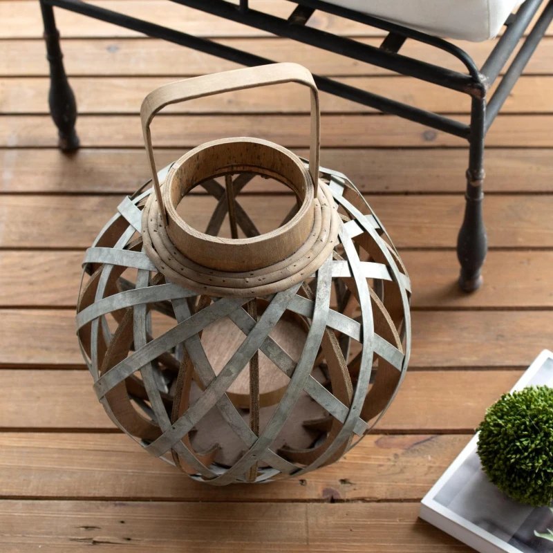 Iron-Caged Design Lantern with Handle, for Indoor/Outdoor Use, 11.5" Diameter, Silver