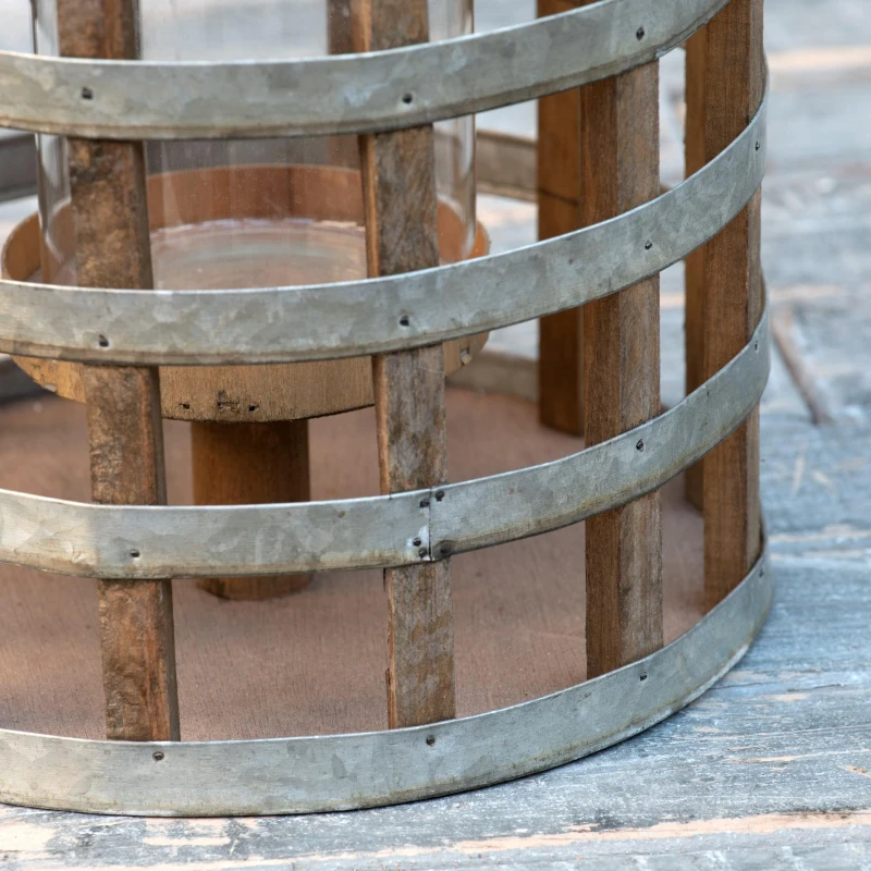 Decorative Industrial Lantern with Wooden and Metal Cage Design, Lantern with Handle for Indoor and Outdoor, 9.5" L x 9.5" W x 18" H, Silver