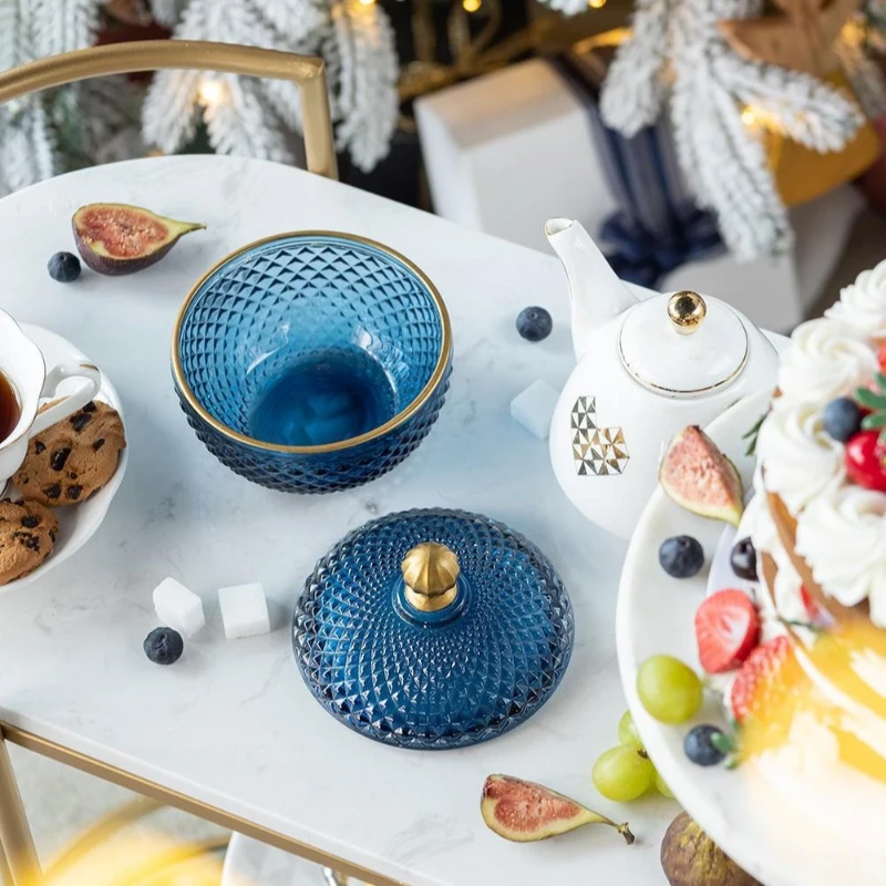 Set of 2 Vintage-Inspired Glass Candy Jars with Lids, Diamond-Cut Texture, Ideal for Candy, Jewelry, and Trinkets, 5" L x 5" W x 5" H, Blue+Gold