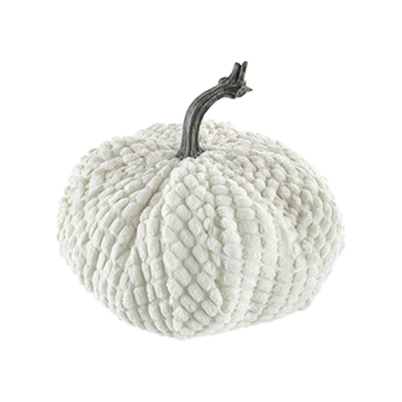 Set of 2 Chenille Weighted Pumpkin Ornaments, Holiday Harvest Festival Decor, 9" L x 8.5" W x 7" H, White