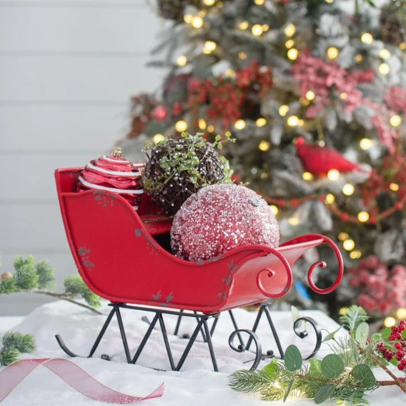 Iron Santa Sleigh Tabletop Decoration, Distressed Christmas Holiday Decor, 14.5" L x 10" W x 11" H, Red+Black