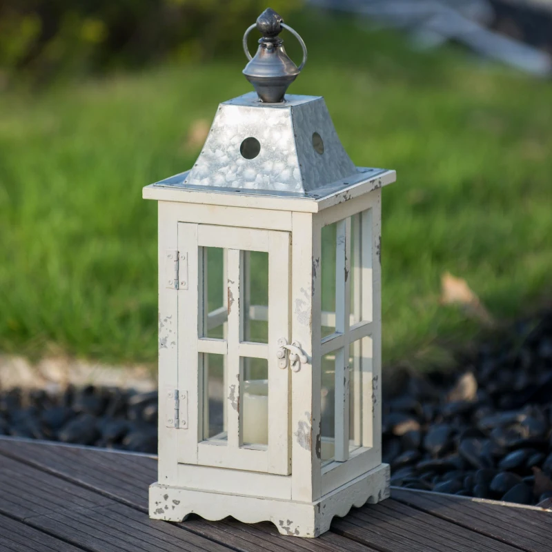 Set of 2 Decorative Hurricane Lantern Holder with Wood and Glass Construction, Candle Lantern Set for Home Garden Wedding Decor, Ivory