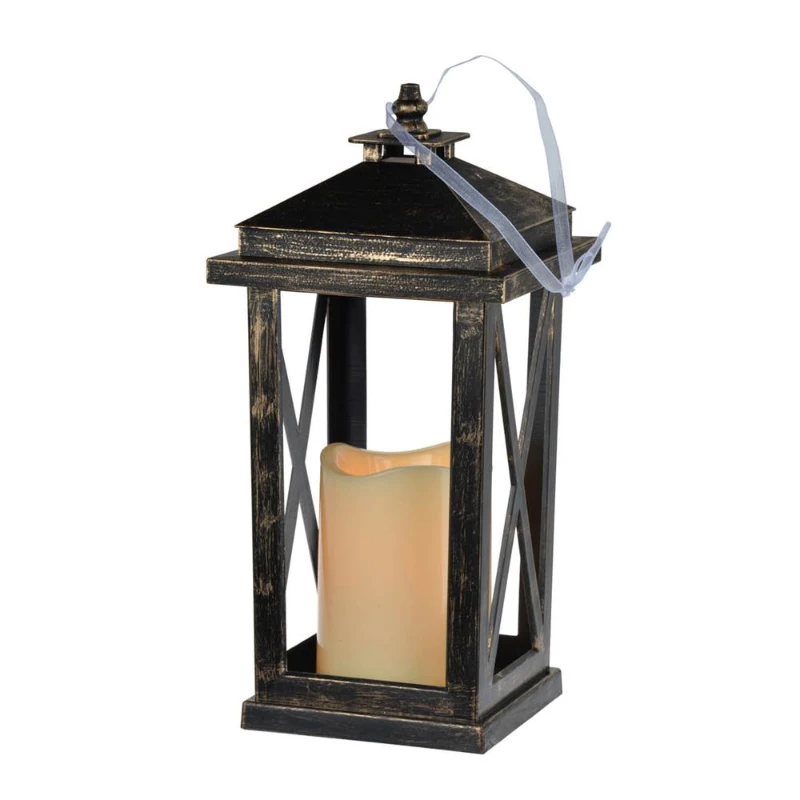 Set of 2 Menifee Lanterns with LED Candle, Lightweight Plastic Construction, Battery Operated, 5" L x 5" W x 11" H, Antique Black