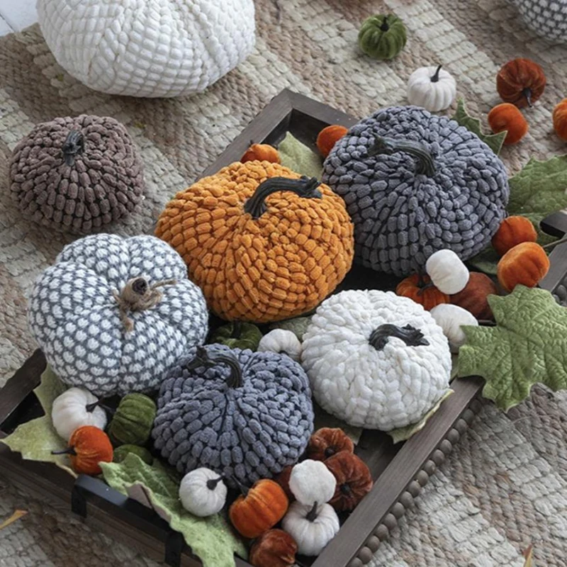 Set of 2 Chenille Weighted Pumpkin Ornaments, for Holiday Harvest, Fall Festival, and Thanksgiving Decor, 6.5" L x 6.5" W x 6" H, Orange