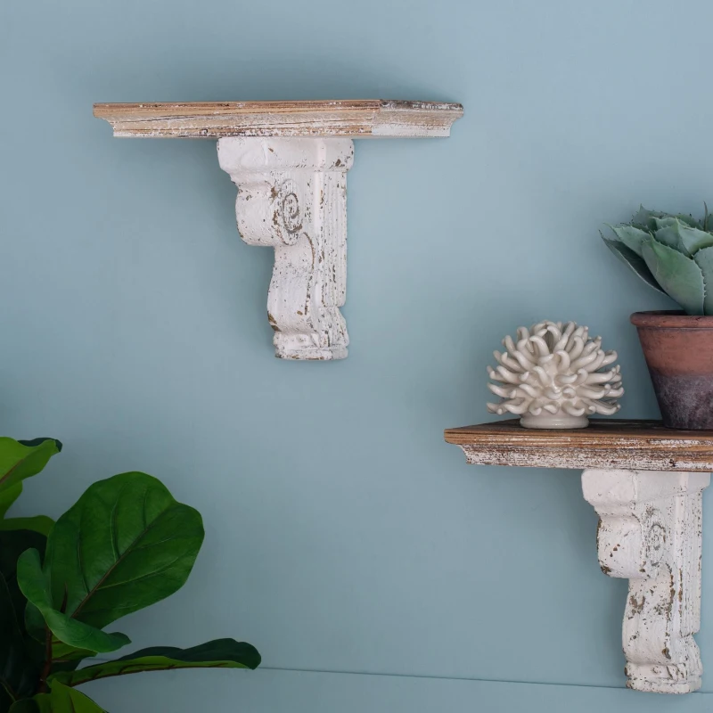 Distressed Wooden Wall Shelf with Corbel Design, Decorative Storage for Home, 14" L x 9" W x 11.5" H, Brown+Antique White