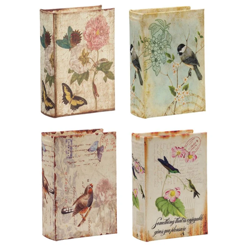 Set of 4 Decorative Book Boxes with Birds, Flowers, and Handwriting Design, 4" L x 2" W x 5.5" H, Multicolor