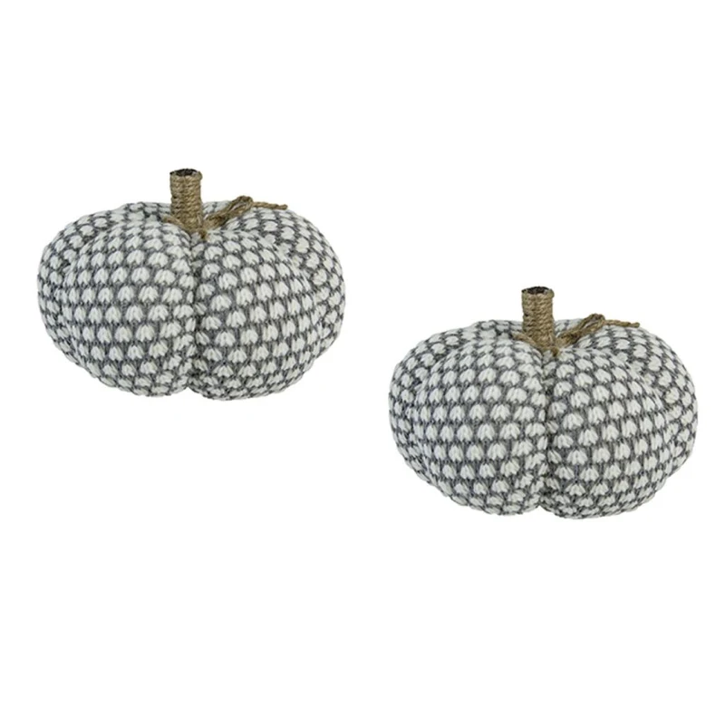 Set of 2 Knitted Pumpkin Ornaments with Farmhouse-Inspired Design, Fall and Thanksgiving Decor, 8" L x 8" W x 6.5" H, White+Gray
