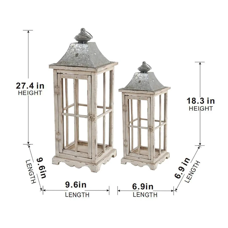 Set of 2 Decorative Hurricane Lantern Holder with Wood and Glass Construction, Candle Lantern Set for Home Garden Wedding Decor, Ivory