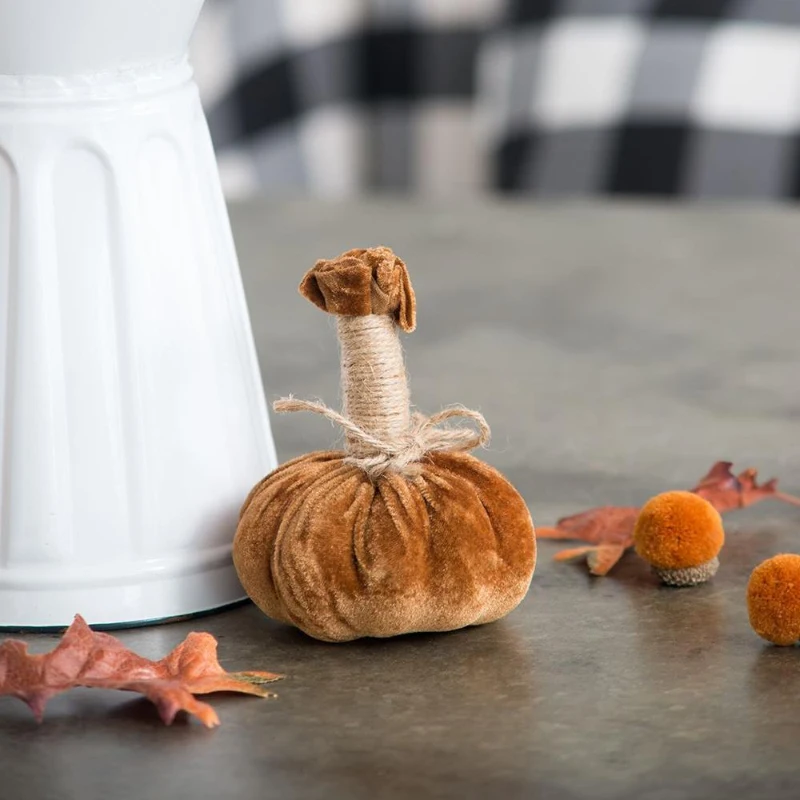 Set of 6 Small Pumpkin Ornaments with Lifelike Detailing and Jute Stem, Fall Decor for Holiday Harvest and Thanksgiving, Brown Multicolor