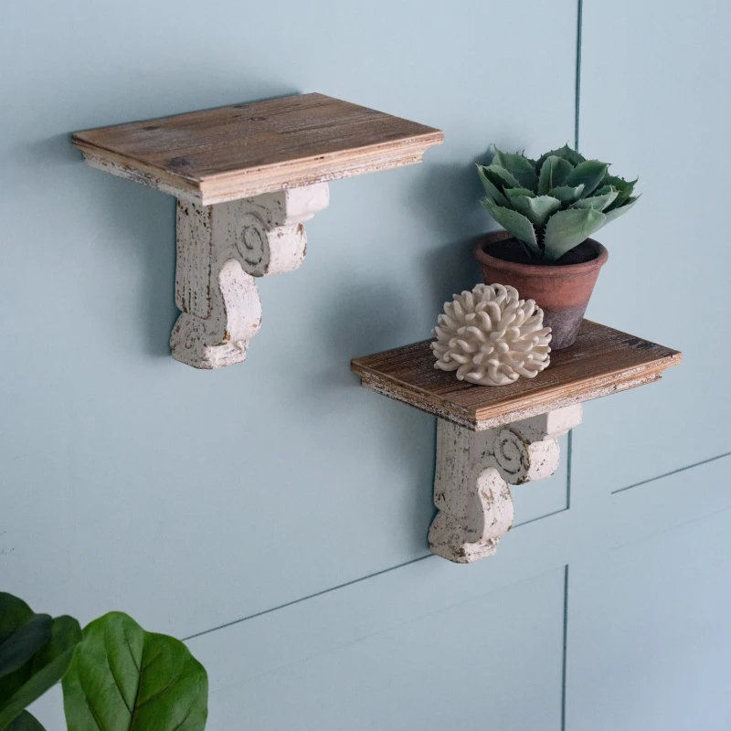 Distressed Wooden Wall Shelf with Corbel Design, Decorative Storage for Home, 14" L x 9" W x 11.5" H, Brown+Antique White