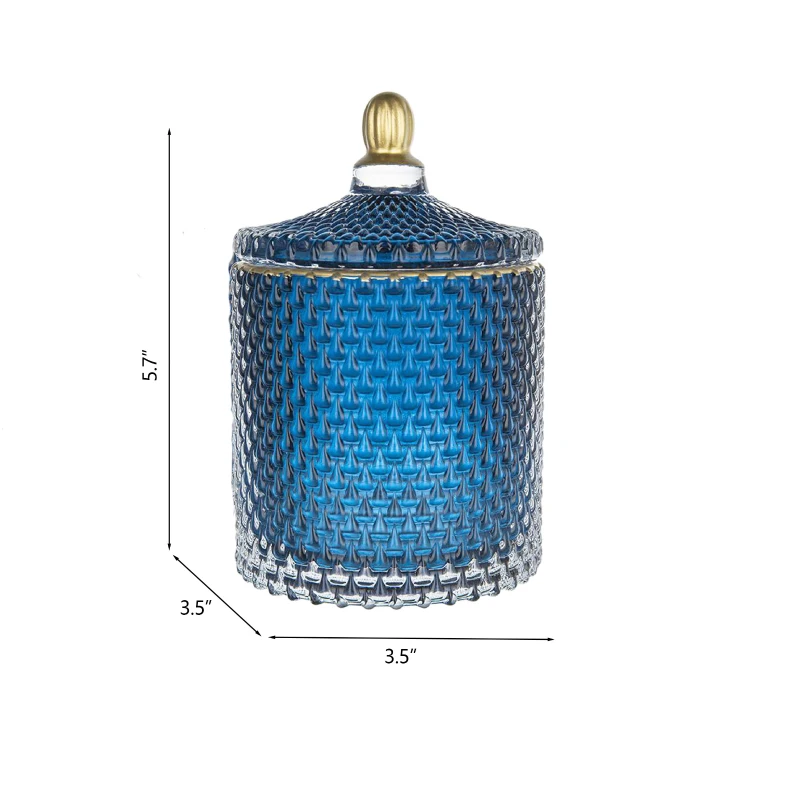 Set of 2 Vintage-Inspired Design Glass Candy Jars with Lids, Ideal for Candy, Jewelry, and Trinkets, 3.5" L x 3.5" W x 6" H Each, Blue+Gold