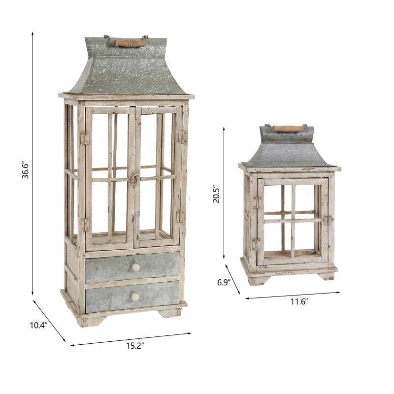 Set of 2 Decorative Hurricane Lantern Candle Holders, One with Lower Drawers, Wood and Glass Construction, for Home Garden Wedding Decor, Ivory