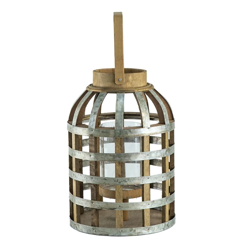 Decorative Industrial Lantern with Wooden and Metal Cage Design, Lantern with Handle for Indoor and Outdoor, 9.5" L x 9.5" W x 18" H, Silver