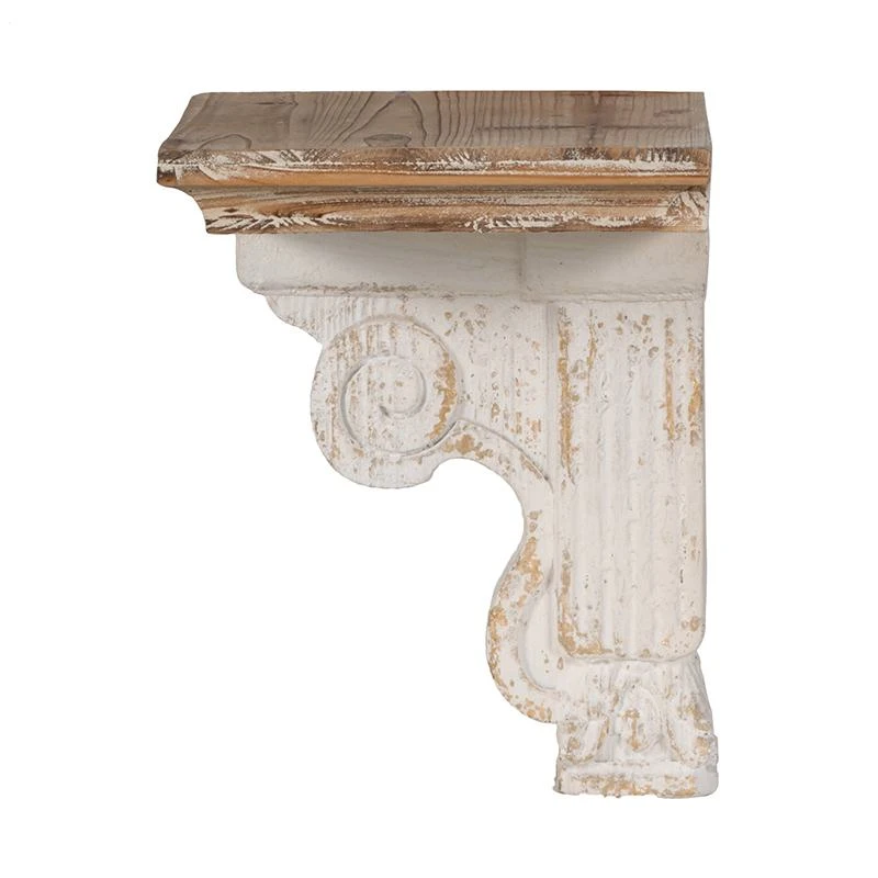Distressed Wooden Wall Shelf with Corbel Design, Decorative Storage for Home, 14" L x 9" W x 11.5" H, Brown+Antique White