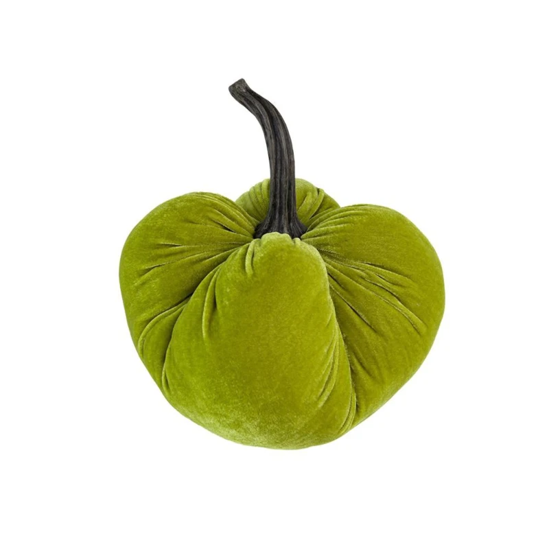 Set of 2 Velvet Weighted Pumpkin Ornaments with Resin Stem, for Holiday Harvest and Thanksgiving Decor, 8.5" L x 8.5" W x 10" H, Green