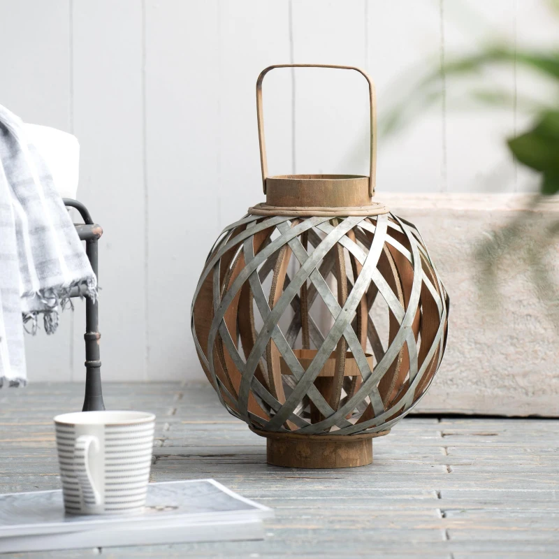 Iron-Caged Design Lantern with Handle, for Indoor/Outdoor Use, 11.5" Diameter, Silver
