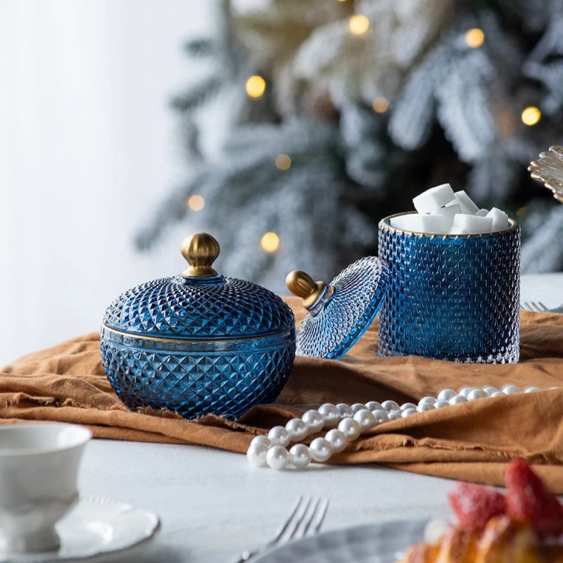 Set of 2 Vintage-Inspired Glass Candy Jars with Lids, Diamond-Cut Texture, Ideal for Candy, Jewelry, and Trinkets, 5" L x 5" W x 5" H, Blue+Gold
