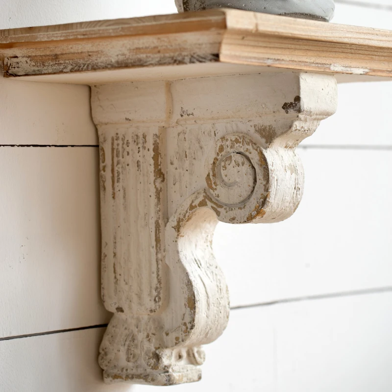 Distressed Wooden Wall Shelf with Corbel Design, Decorative Storage for Home, 14" L x 9" W x 11.5" H, Brown+Antique White