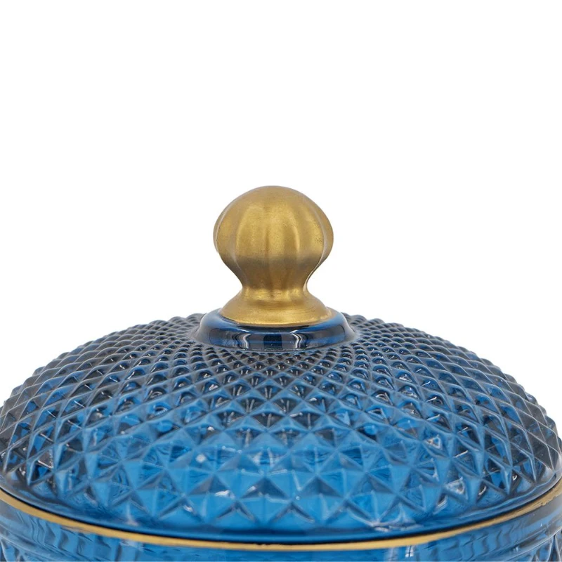 Set of 2 Vintage-Inspired Glass Candy Jars with Lids, Diamond-Cut Texture, Ideal for Candy, Jewelry, and Trinkets, 5" L x 5" W x 5" H, Blue+Gold