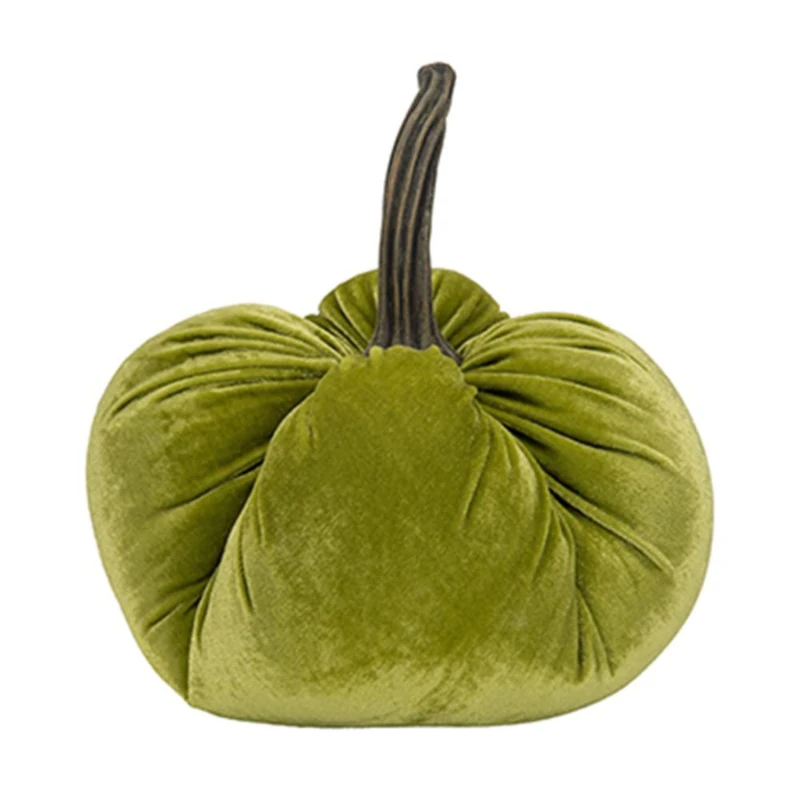 Set of 2 Velvet Weighted Pumpkin Ornaments with Resin Stem, for Holiday Harvest and Thanksgiving Decor, 8.5" L x 8.5" W x 10" H, Green
