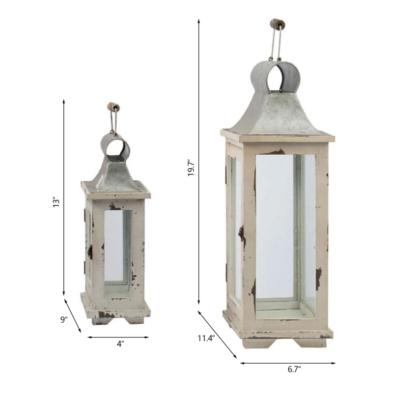 Set of 2 Decorative Hurricane Lantern Holder with Wood and Glass Construction, Candle Lantern Set for Home Garden Wedding Decor, White