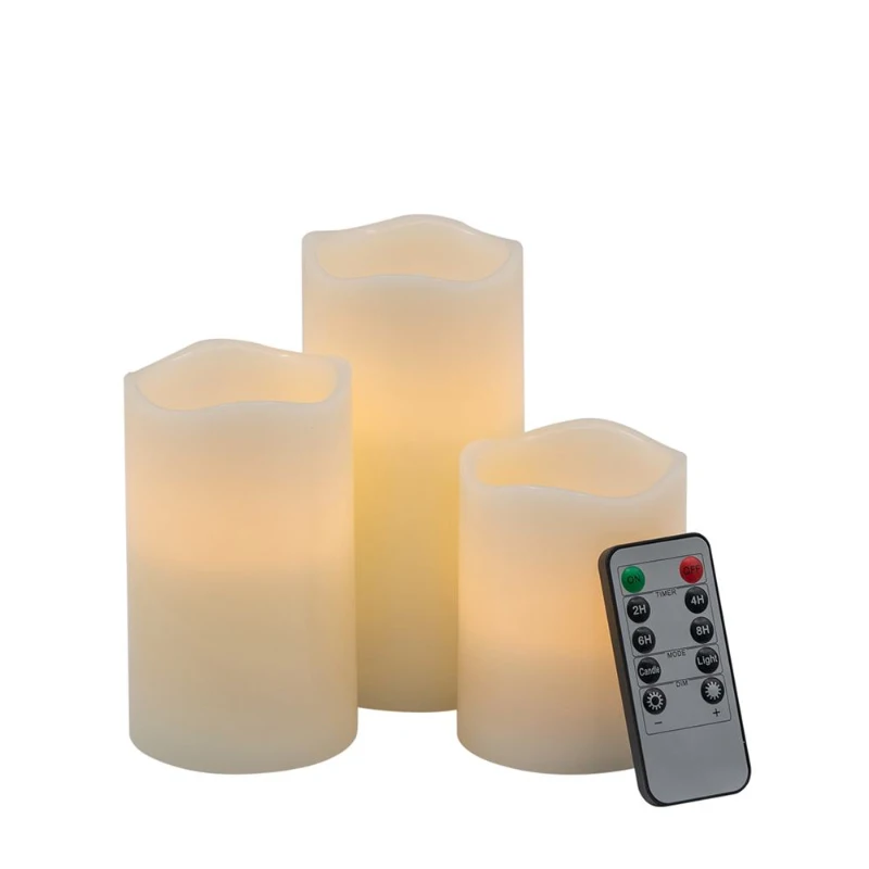Set of 3 LED Candles with Remote Timer, Flameless Flickering Design, Paraffin Wax, Ivory