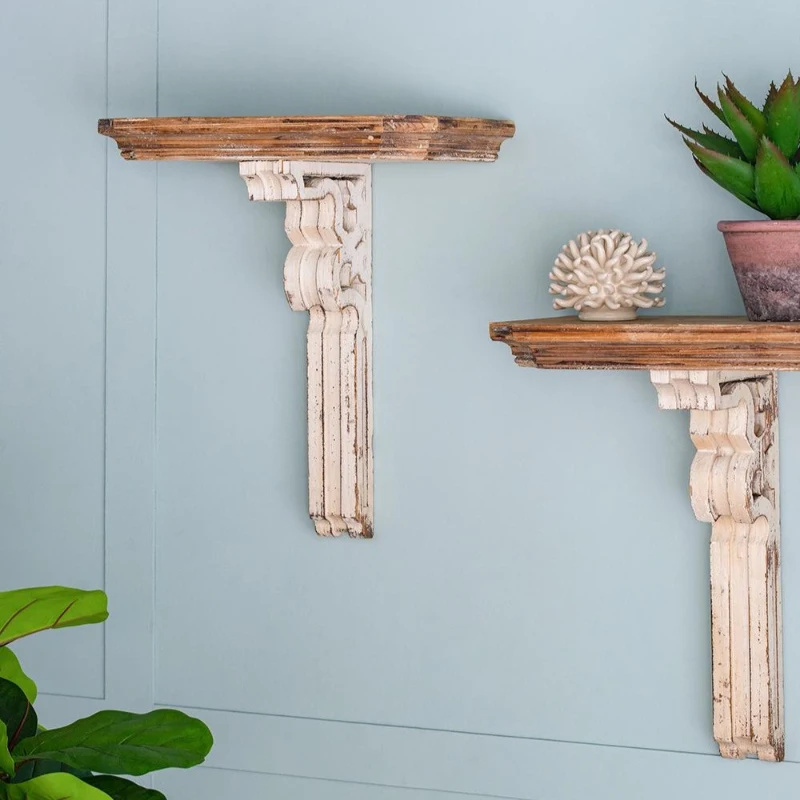 Vamont Wall Shelf with Weathered Finish, Solid Wood Construction, 19.5" L x 10.5" W x 22" H, Cream