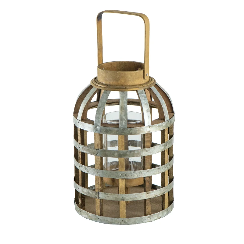 Decorative Industrial Lantern with Wooden and Metal Cage Design, Lantern with Handle for Indoor and Outdoor, 9.5" L x 9.5" W x 18" H, Silver