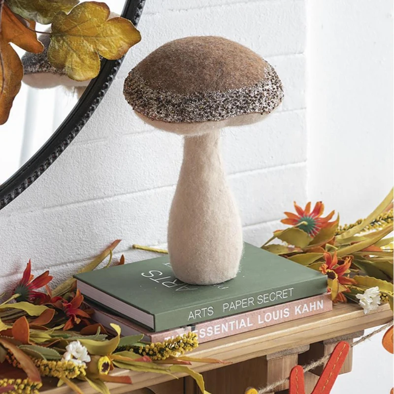 Set of 2 Mushroom Holiday Ornaments for Fall Festival and Thanksgiving, Farmhouse Design Table Decorations, 7" L x 7" W x 12" H, Beige+Light Brown