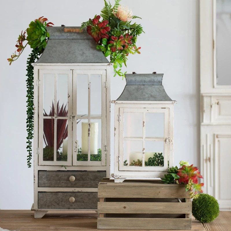 Set of 2 Decorative Hurricane Lantern Candle Holders, One with Lower Drawers, Wood and Glass Construction, for Home Garden Wedding Decor, Ivory