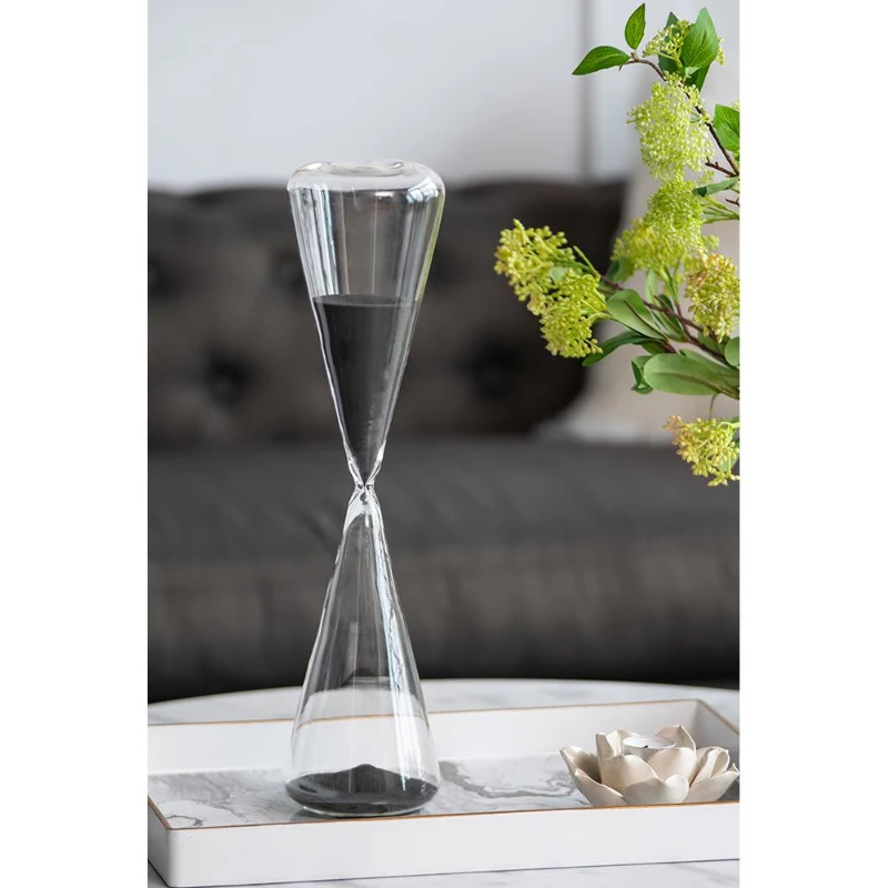 120-Minute Triangular Hourglass with Black Sand and Crystal Stand, Decorative Glass Timer, 4.5" L x 4.5" W x 19.5" H, Black