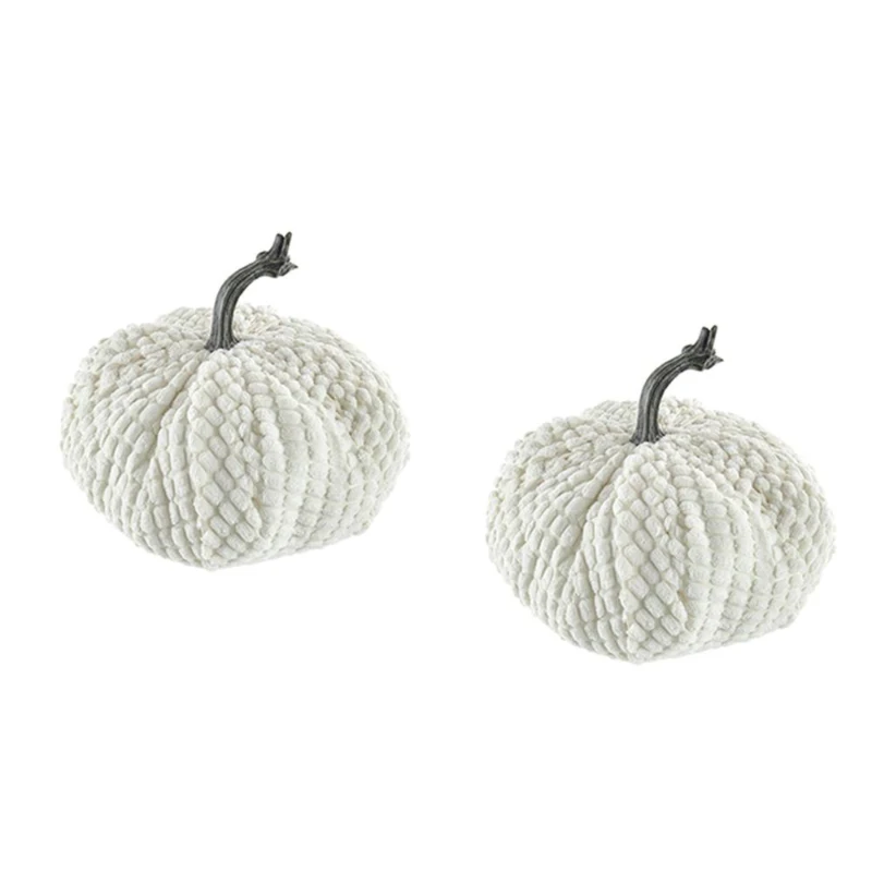 Set of 2 Chenille Weighted Pumpkin Ornaments, Holiday Harvest Festival Decor, 9" L x 8.5" W x 7" H, White