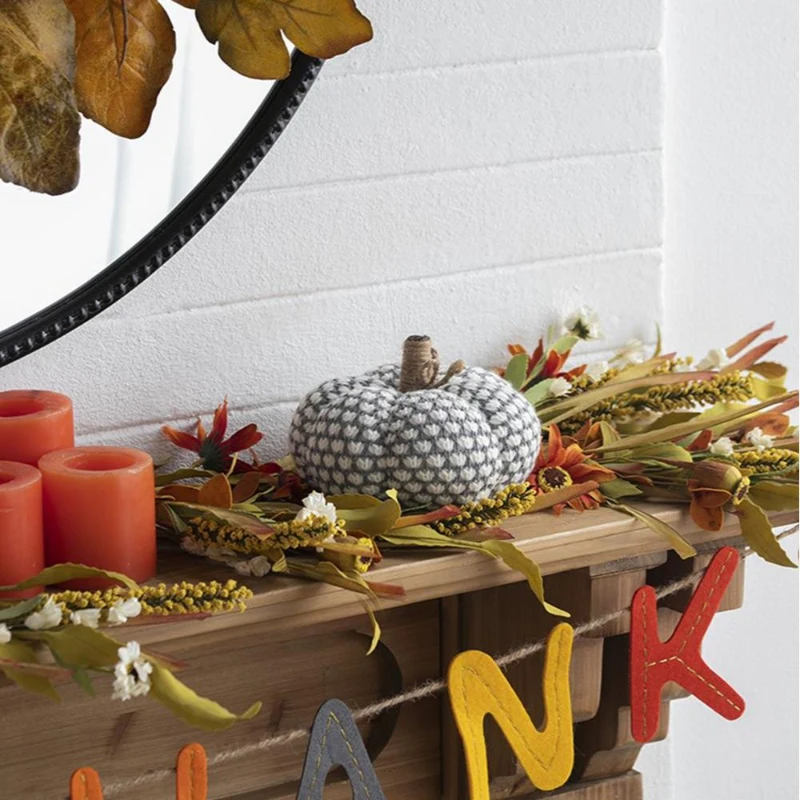 Set of 4 Farmhouse-Inspired Knitted Pumpkin Ornaments, Fall and Thanksgiving Decor, 6" L x 6" W x 5" H, Gray